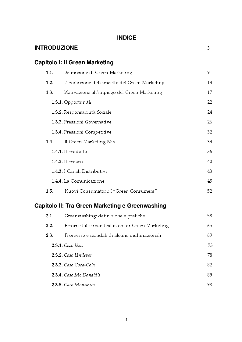 Indice della tesi: Il Green Marketing: Comunicare il Verde, Pagina 1