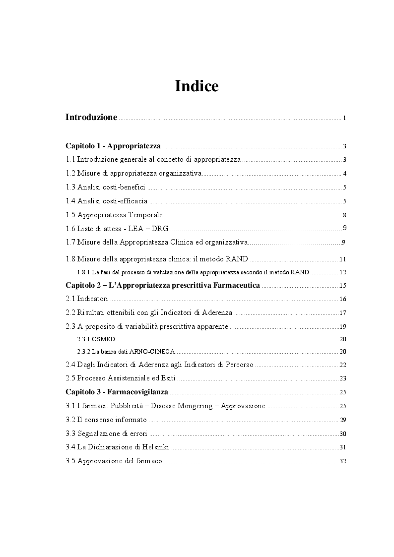 Indice della tesi: Appropriatezza clinica, organizzativa e prescrittiva farmacologica - Studio osservazionale, Pagina 1