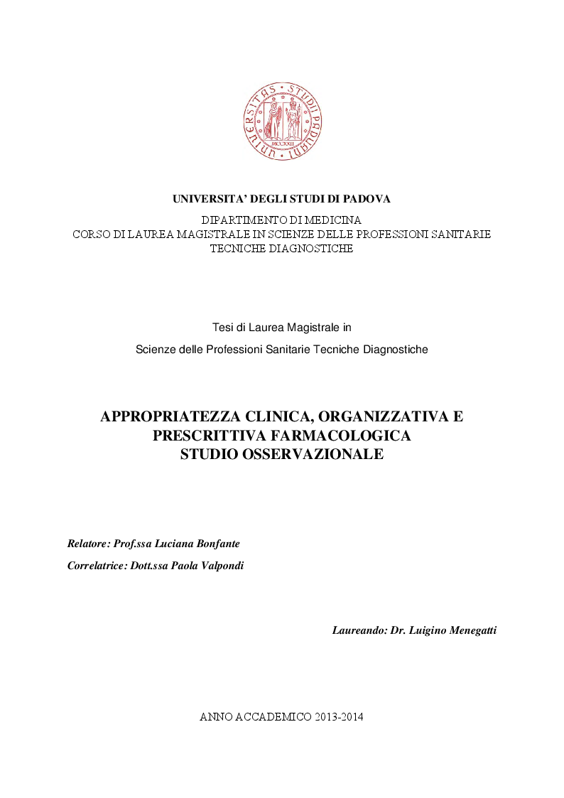Anteprima della tesi: Appropriatezza clinica, organizzativa e prescrittiva farmacologica - Studio osservazionale, Pagina 1