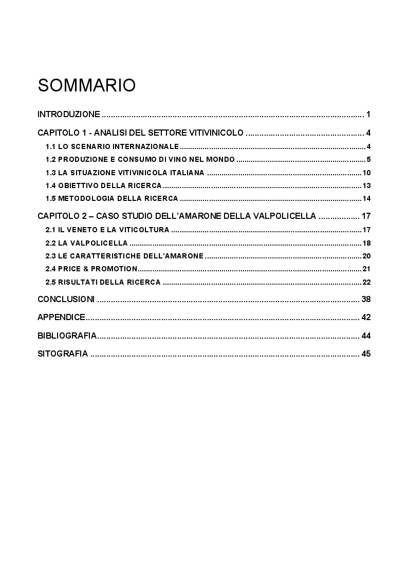 Indice della tesi: Il distretto Valpolicella come "strumento" di competizione per vini di qualità: il caso Amarone, Pagina 1