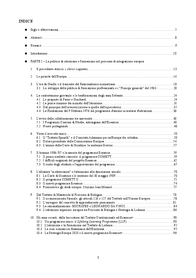 Indice della tesi: Nel nome di Erasmo. Evoluzione storica ed evidenze empiriche di una politica europea, Pagina 1
