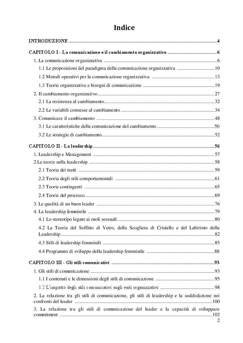 Indice della tesi: Comunicazione organizzativa e leadership: una ricerca empirica sugli stili comunicativi dei supervisori in un contesto di cambiamento , Pagina 1