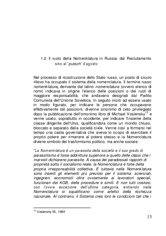Estratto dalla tesi: Le élite in Russia: dalla Nomenclatura a Putin