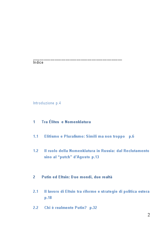 Indice della tesi: Le élite in Russia: dalla Nomenclatura a Putin, Pagina 1