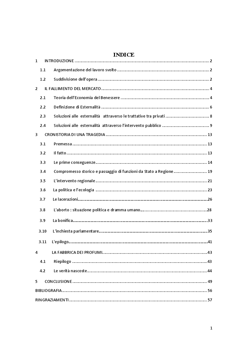 Indice della tesi: Analisi delle esternalità negative. Il caso diossina di Seveso, Pagina 1