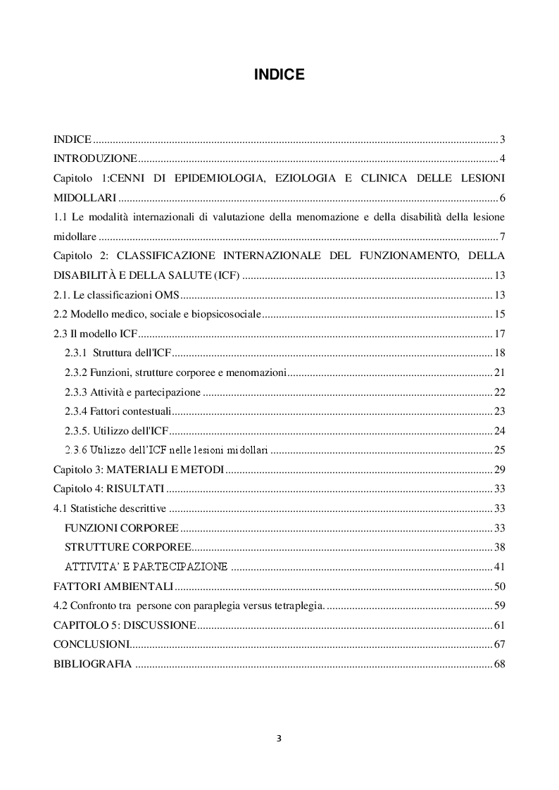 Indice della tesi: Un'esperienza di utilizzo dell'ICF in una popolazione di persone mielolese in fase di cronicità, Pagina 1