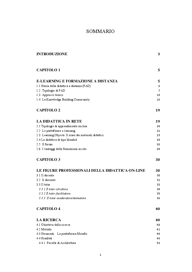 Indice della tesi: La piattaforma Moodle. Analisi di utilizzo all'interno dell'Università "Sapienza", Pagina 1