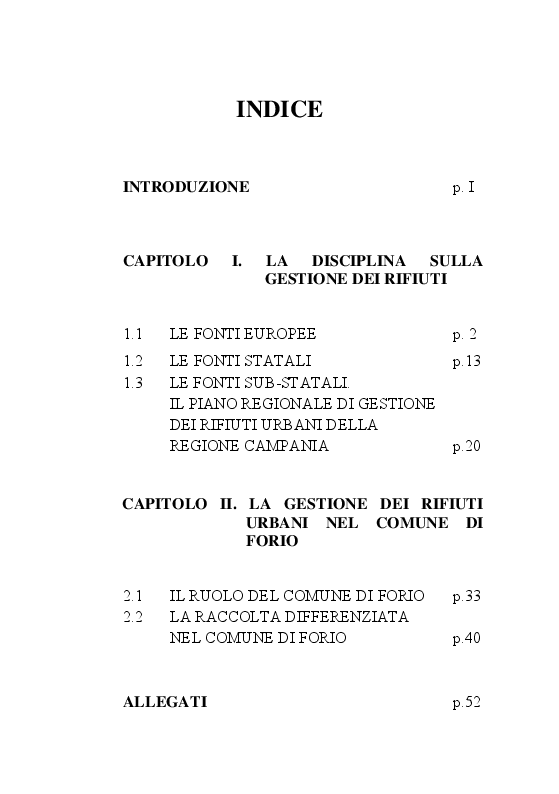 Indice della tesi: La gestione dei rifiuti urbani nel Comune di Forio d'Ischia, Pagina 1