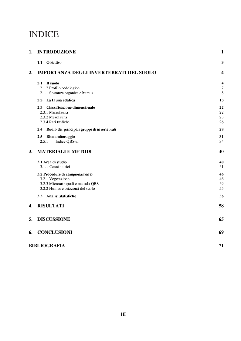 Indice della tesi: Importanza degli invertebrati del suolo come bioindicatori, Pagina 1