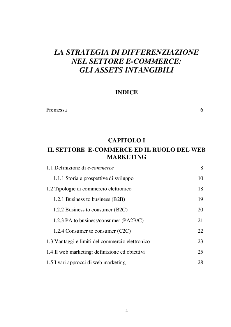 Indice della tesi: Le strategie di differenziazione nel settore e - commerce: gli assets intangibili, Pagina 1