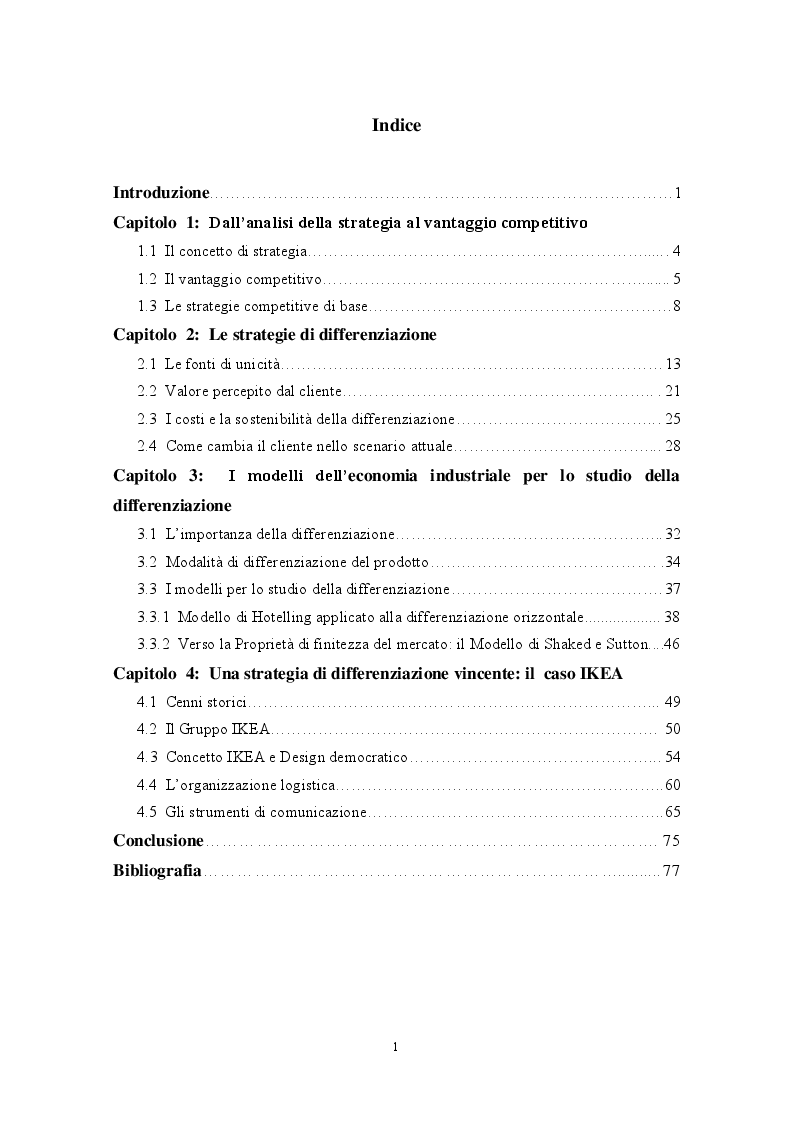 Indice della tesi: Le strategie di differenziazione come fonte di potere nel mercato: analisi del caso IKEA., Pagina 1
