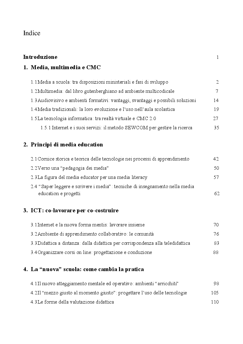 Indice della tesi: L'aula a portata di click: media education e tecnologie, Pagina 1