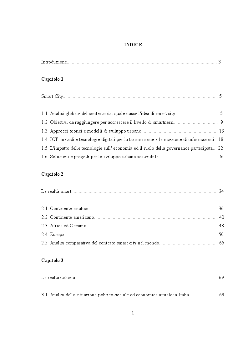 Indice della tesi: Smart cities: opportunità e criticità di uno sviluppo territoriale sostenibile, Pagina 1