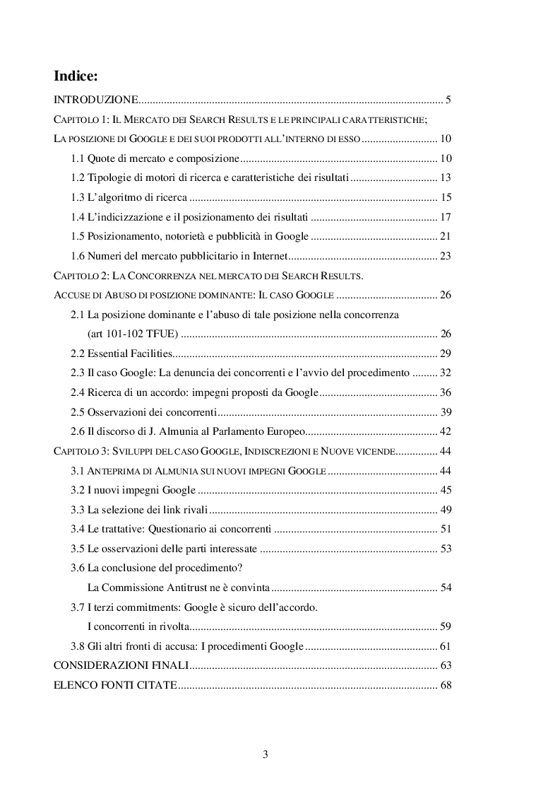 Indice della tesi: Google Search: Problematiche Concorrenziali, Pagina 1