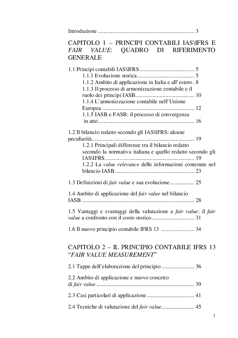 Indice della tesi: IFRS 13: novità e problematiche applicative della nuova valutazione del fair value, Pagina 1
