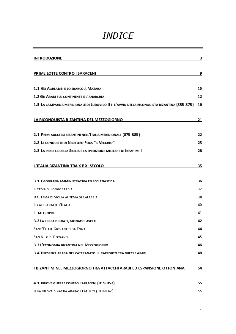 Indice della tesi: Le Incursioni Saracene Nell'Italia Bizantina, Pagina 1
