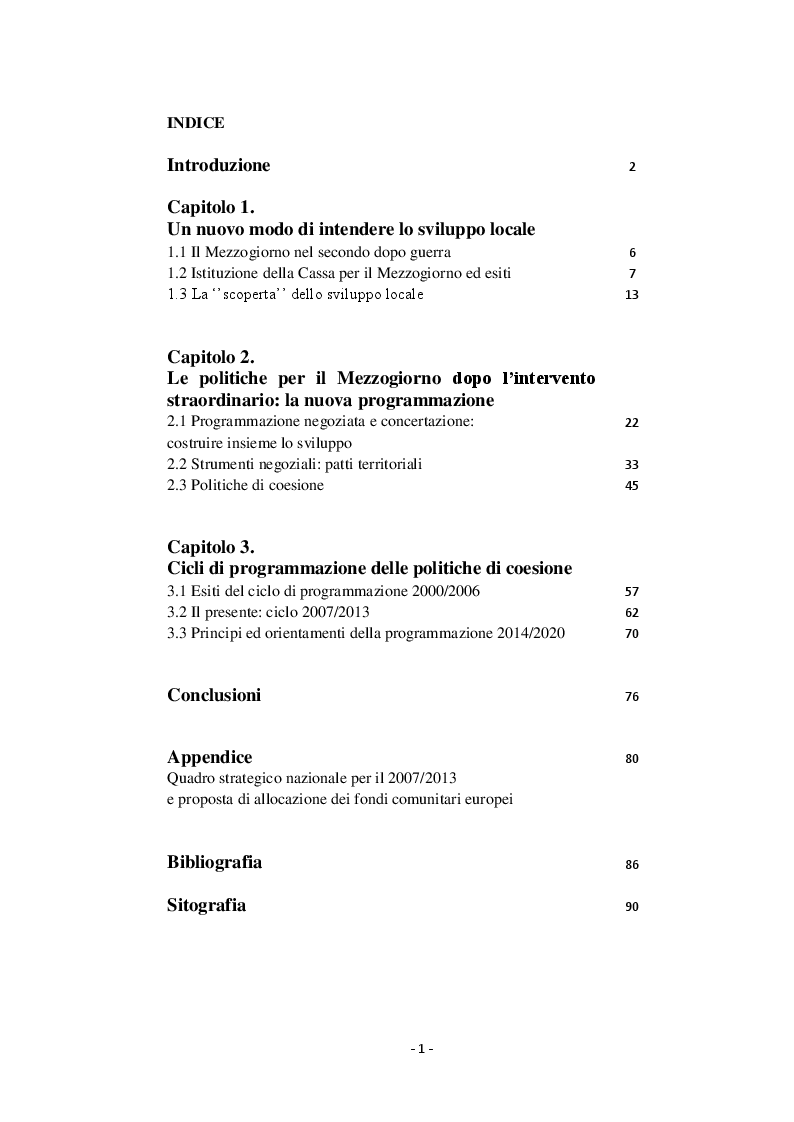 Indice della tesi: Le politiche di sviluppo per il Mezzogiorno d'Italia: dall'intervento straordinario alla programmazione comunitaria 2007/2013, Pagina 1