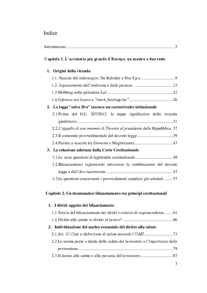 Indice della tesi: Diritto alla salute vs diritto al lavoro. Il caso Ilva, Pagina 1