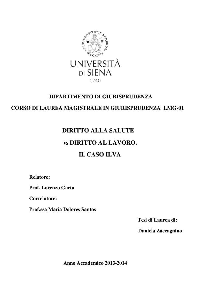 Anteprima della tesi: Diritto alla salute vs diritto al lavoro. Il caso Ilva, Pagina 1