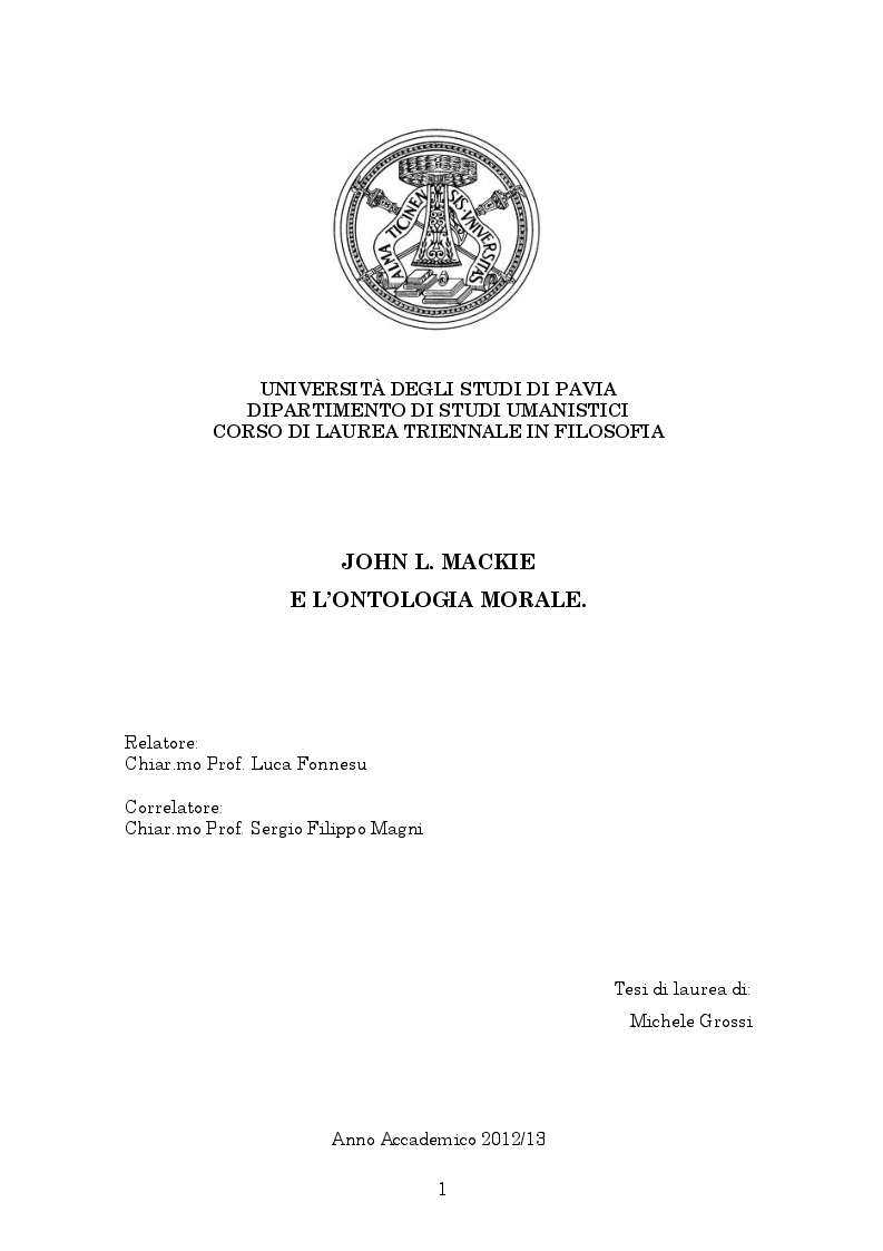 Anteprima della tesi: John L. Mackie e l'ontologia morale, Pagina 1