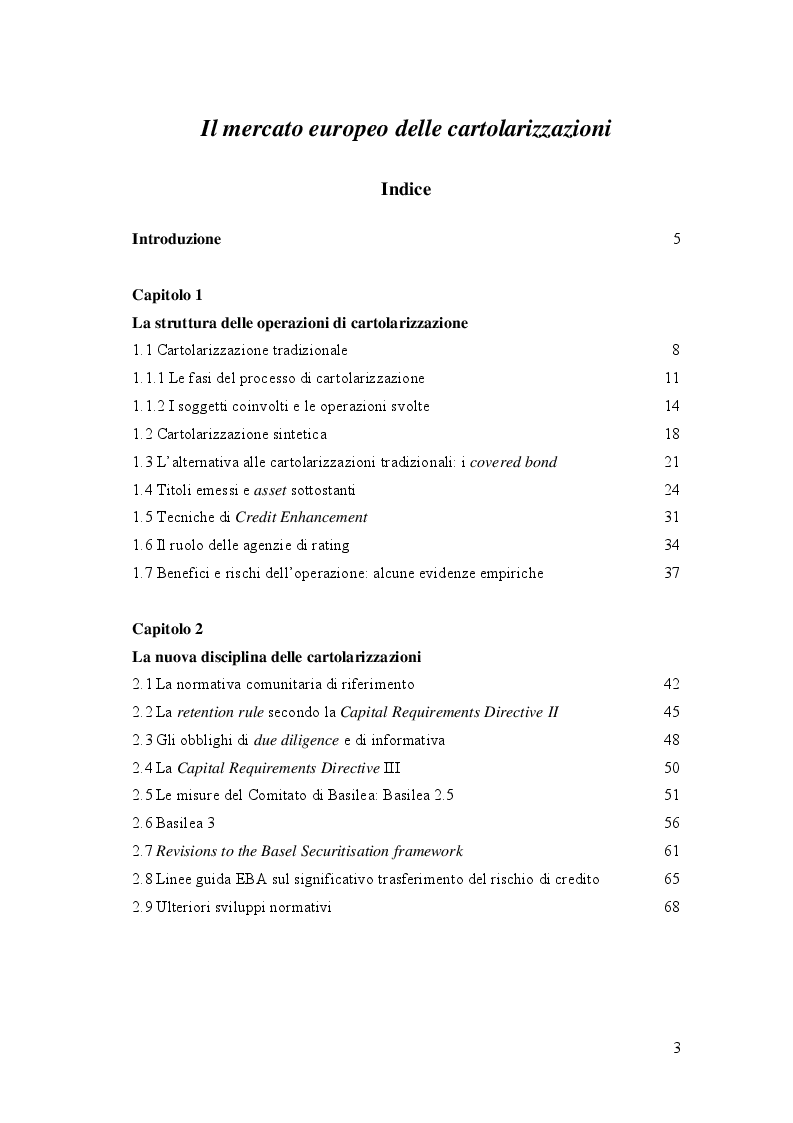 Indice della tesi: Il mercato europeo delle cartolarizzazioni, Pagina 1