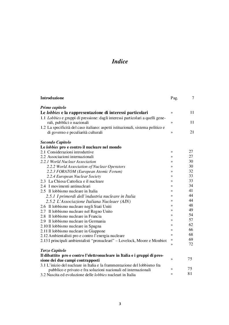 Indice della tesi: La rappresentazione degli interessi in Italia: il caso del nucleare, Pagina 1