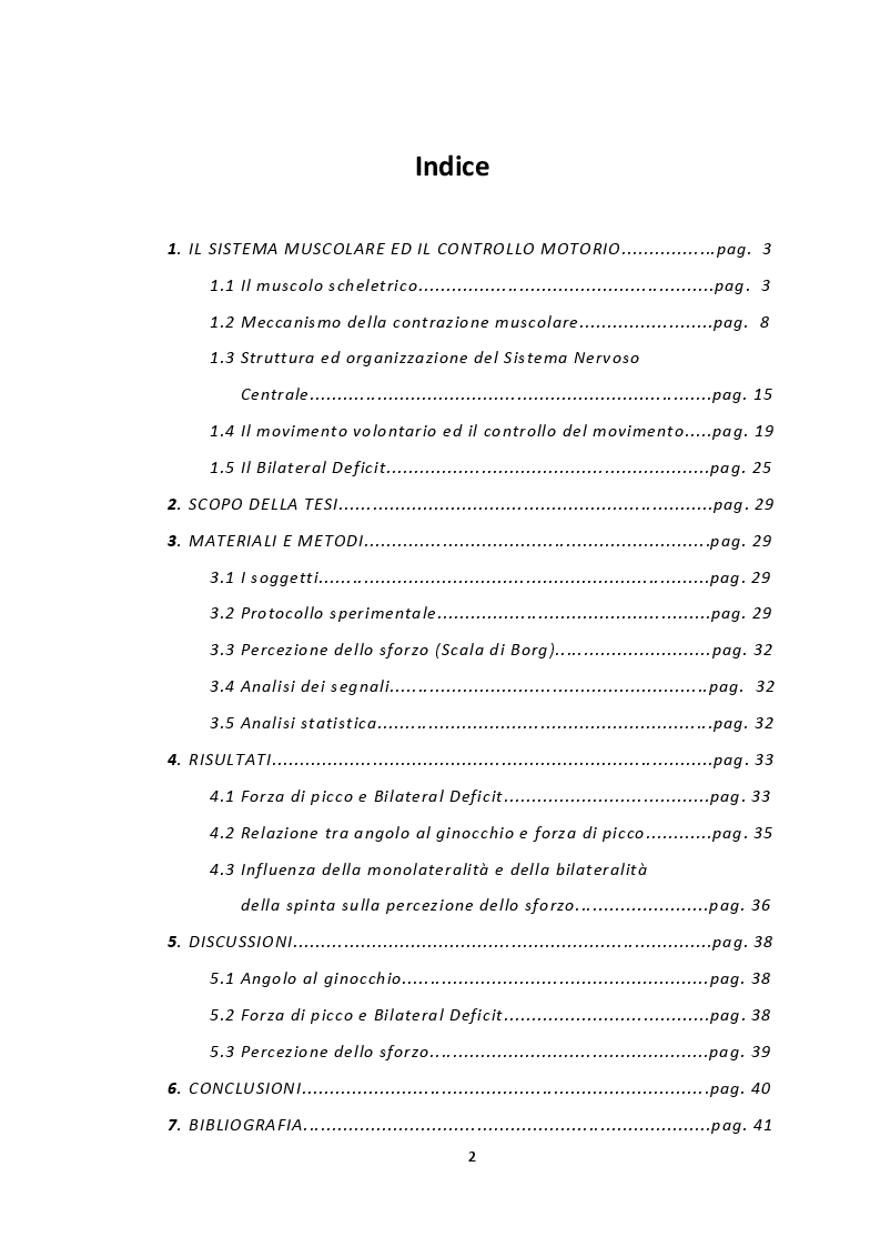 Indice della tesi: Analisi del Bilateral Deficit e della percezione dello sforzo durante contrazioni muscolari isocinetiche degli arti inferiori, Pagina 1