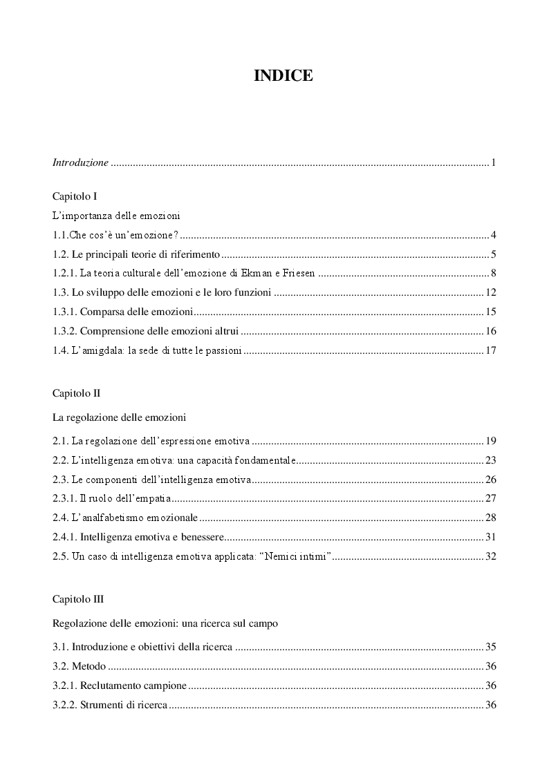 Indice della tesi: La capacità di regolare le emozioni. Una ricerca sul campo., Pagina 1