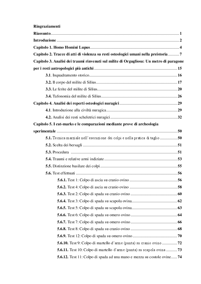 Indice della tesi: Dal Combattimento alla Lesione: Ricerca di Indicatori in Reperti Scheletrici Umani di Età Nuragica, Pagina 1