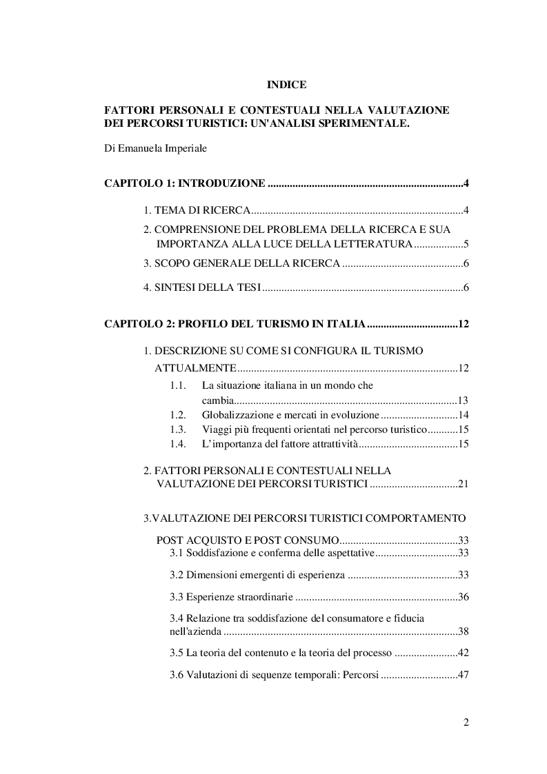 Indice della tesi: Fattori personali e contestuali nella valutazione dei percorsi turistici: un'analisi sperimentale, Pagina 1