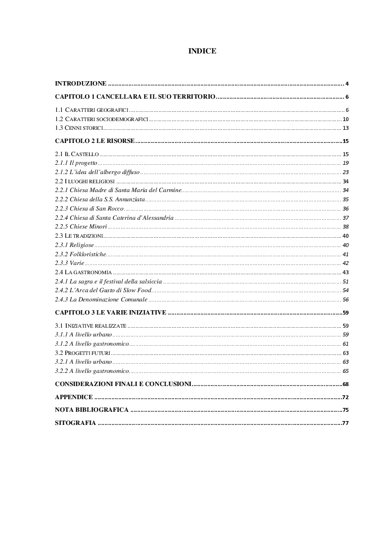 Indice della tesi: La valorizzazione delle specificità locali: il caso di Cancellara (PZ), Pagina 1