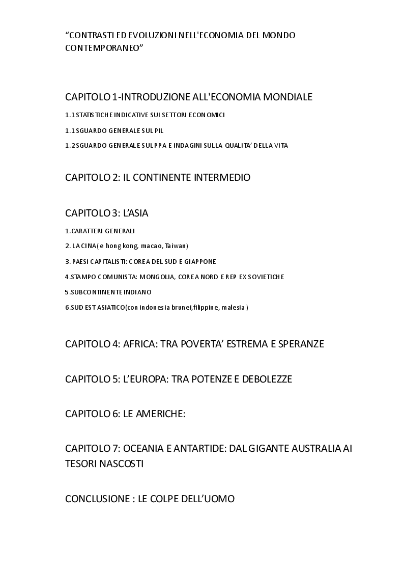 Indice della tesi: Evoluzione e contrasti nell'economia del mondo globalizzato, Pagina 1
