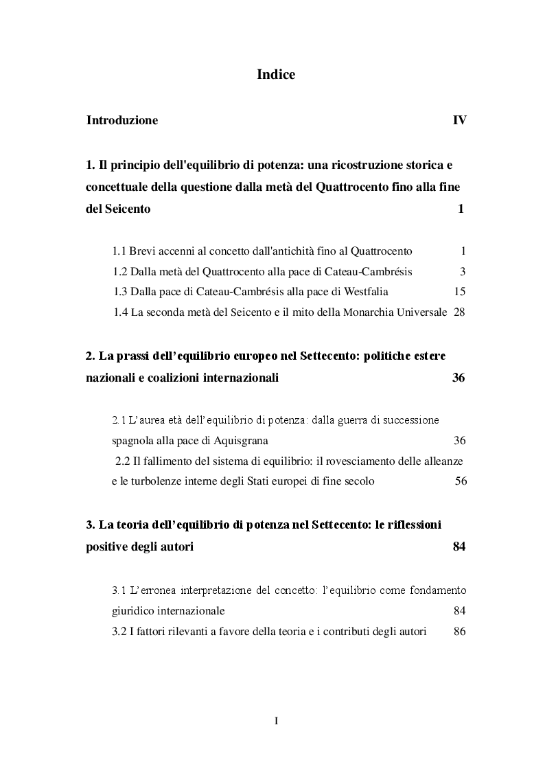 Indice della tesi: L'equilibrio di potenza europeo nel Settecento, Pagina 1