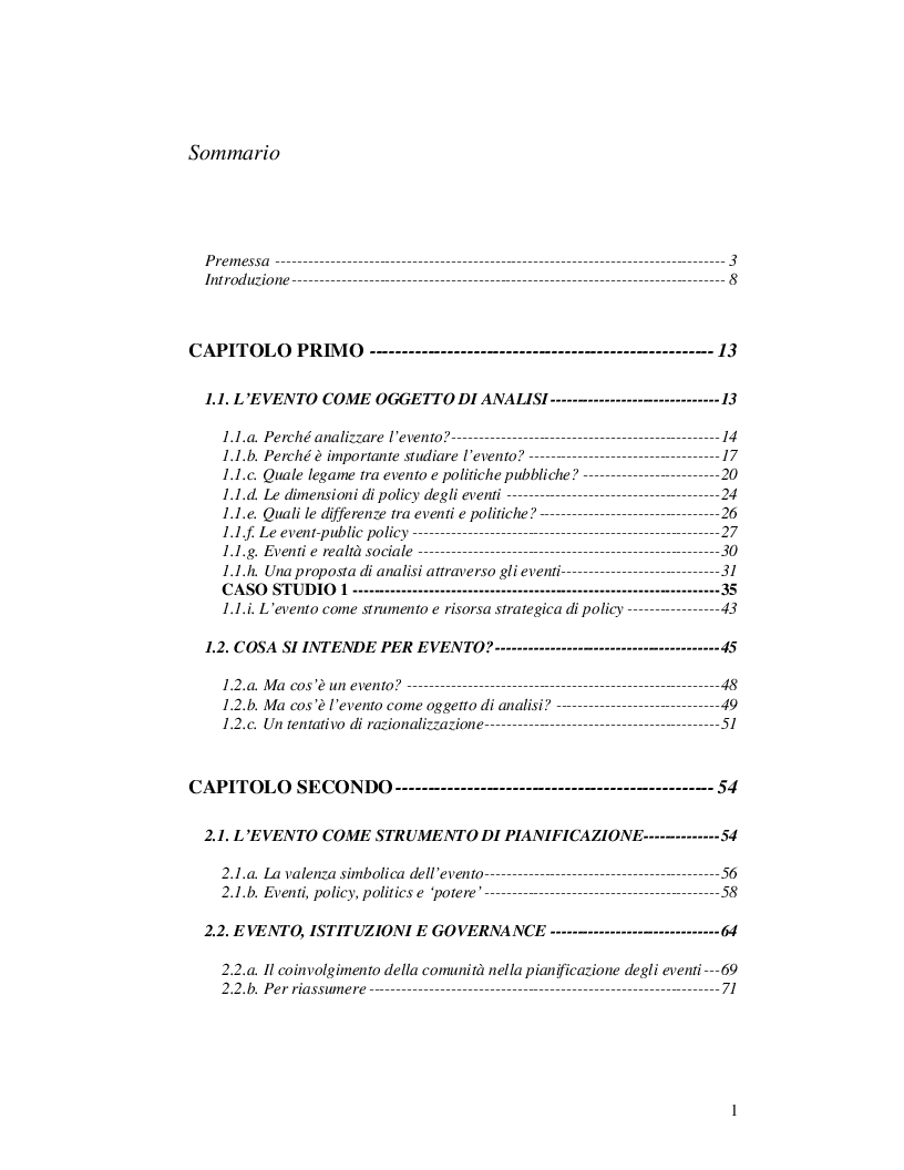Indice della tesi: Event Studies: l'analisi dell'evento come risorsa strategica delle politiche urbane e territoriali, Pagina 1