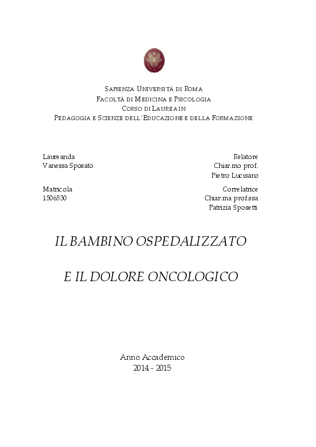 Anteprima della tesi: Il bambino ospedalizzato e il dolore oncologico, Pagina 1