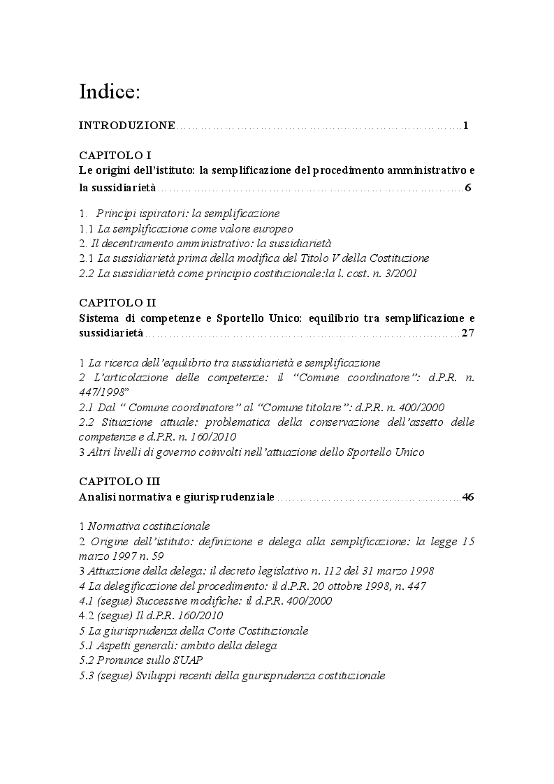 Indice della tesi: Lo Sportello Unico per le Attività Produttive. La semplificazione del procedimento amministrativo, Pagina 1