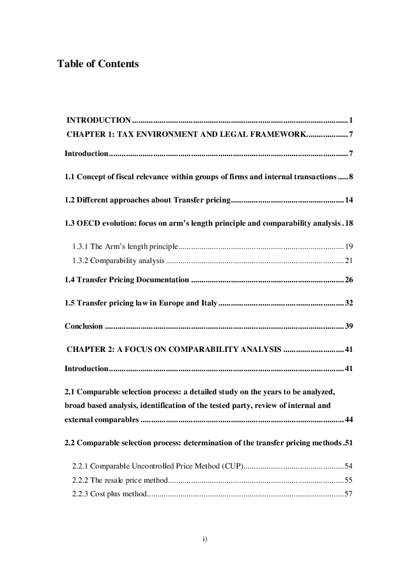 Indice della tesi: Transfer Pricing within a Group: a Case Study, Pagina 1