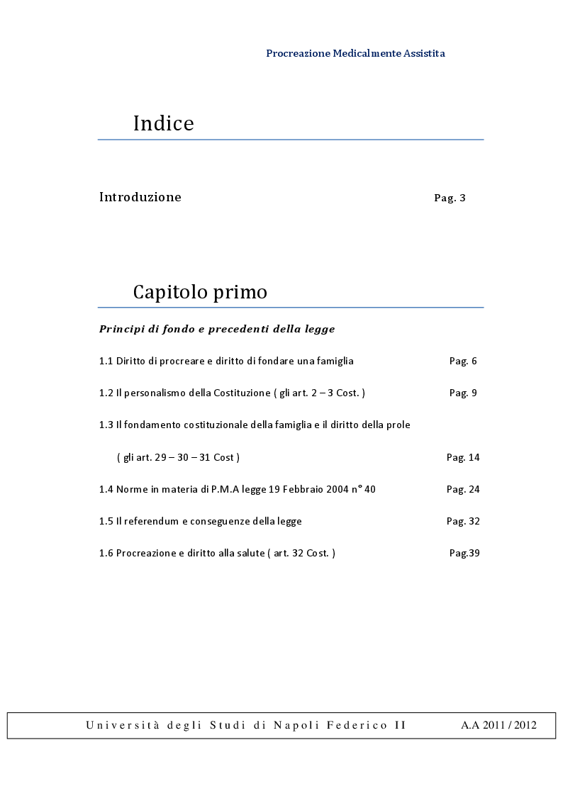 Indice della tesi: Procreazione Medicalmente Assistita, Pagina 1