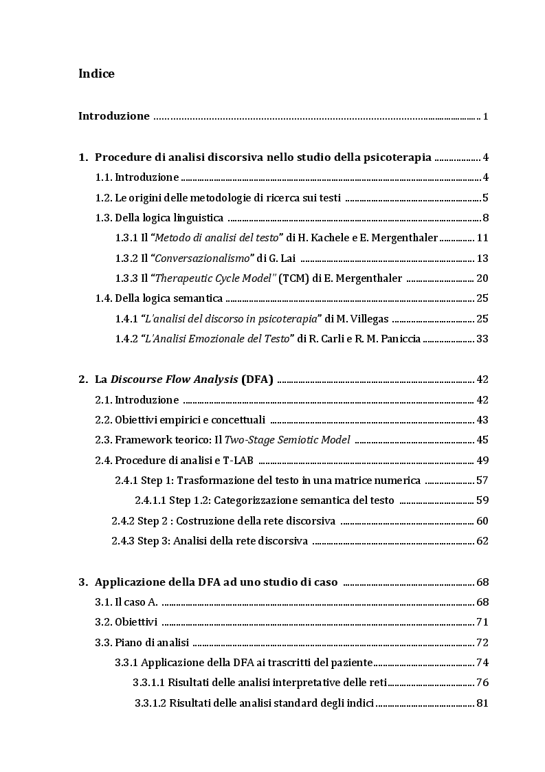 Indice della tesi: Il "senso" del discorso terapeutico: uno studio di caso con la Discourse Flow Analysis (DFA), Pagina 1