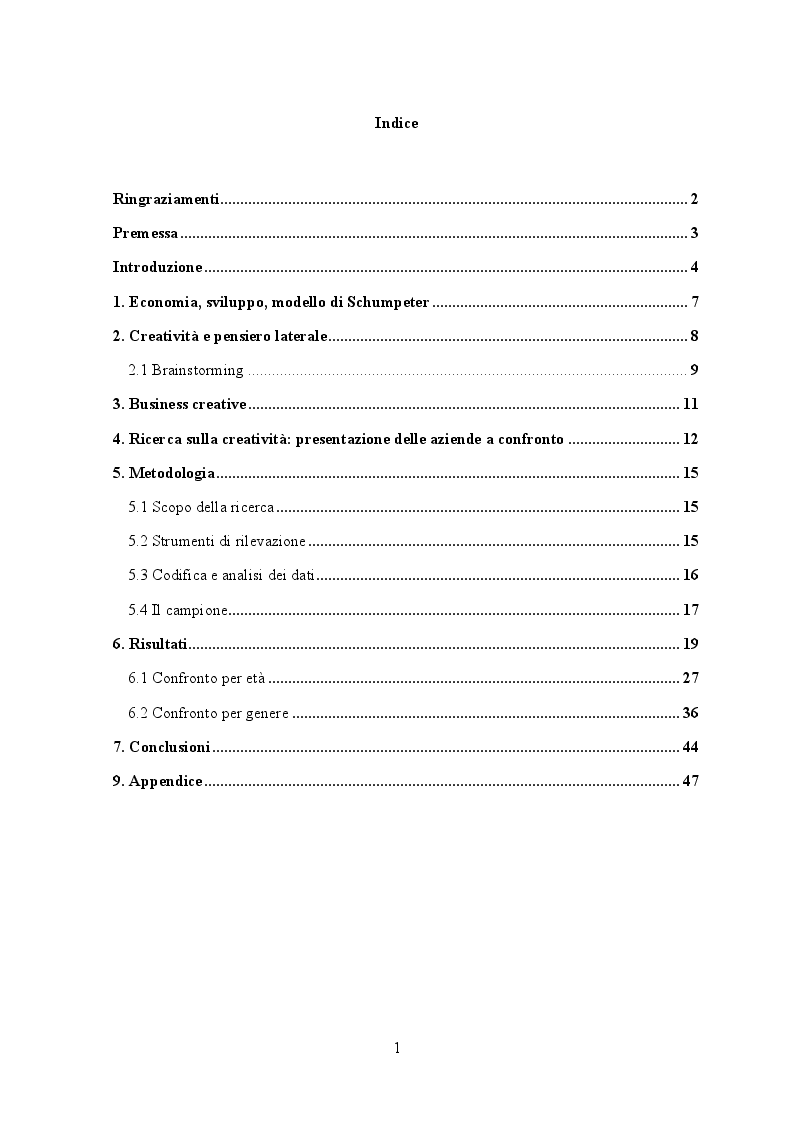 Indice della tesi: La creatività come chiave del successo aziendale, Pagina 1