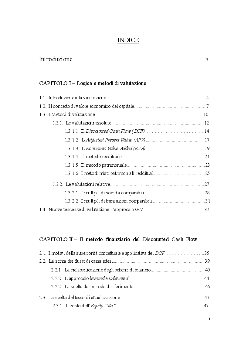 Indice della tesi: Il metodo del Discounted Cash Flow nella valutazione delle aziende: il caso Astaldi, Pagina 1