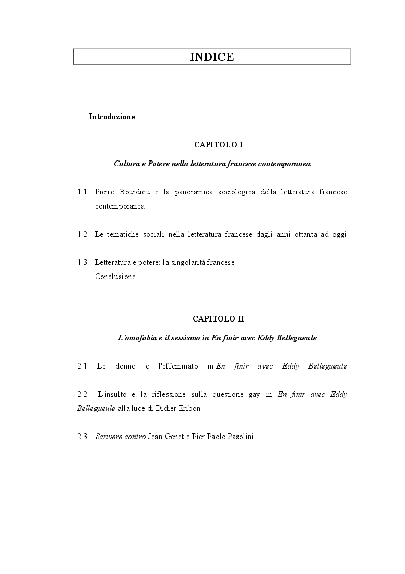 Indice della tesi: ''En finir avec Eddy Bellegueule'': il racconto di sé come contropotere., Pagina 1