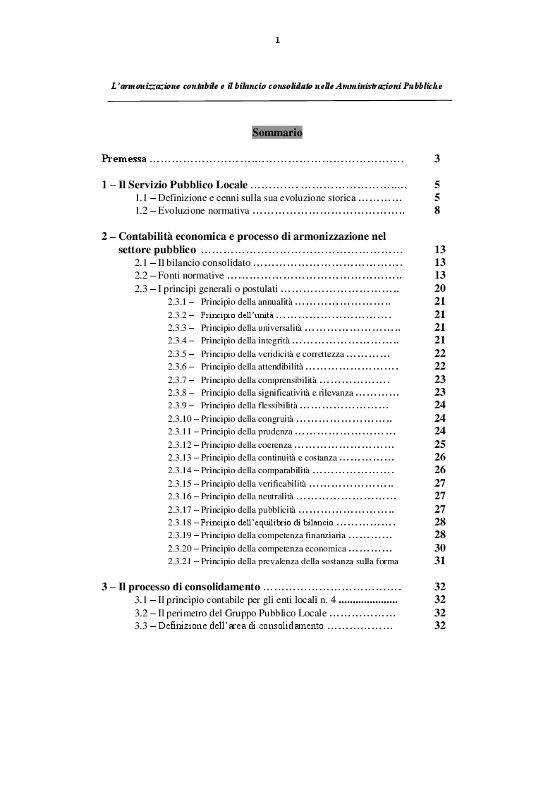 Indice della tesi: L'armonizzazione contabile e il bilancio consolidato nelle Amministrazioni Pubbliche, Pagina 1