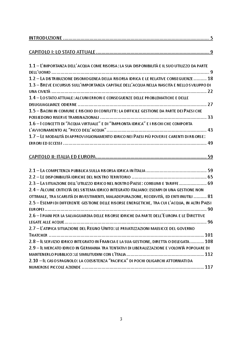 Indice della tesi: L'acqua: declinazioni del suo uso nei contesti italiano, europeo e statunitense, Pagina 1