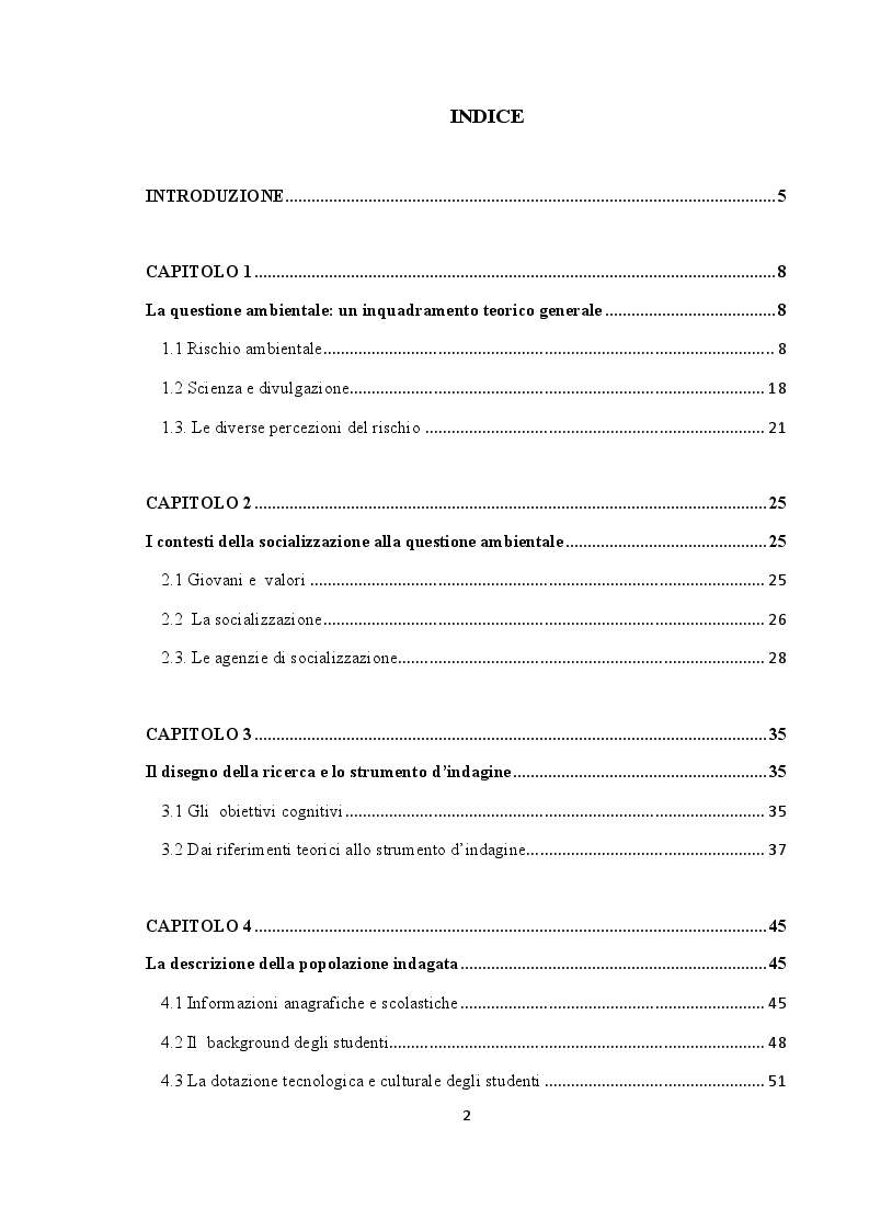 Indice della tesi: Rischio ambientale e progresso tecnologico nelle percezioni e nelle pratiche dei giovani, Pagina 1