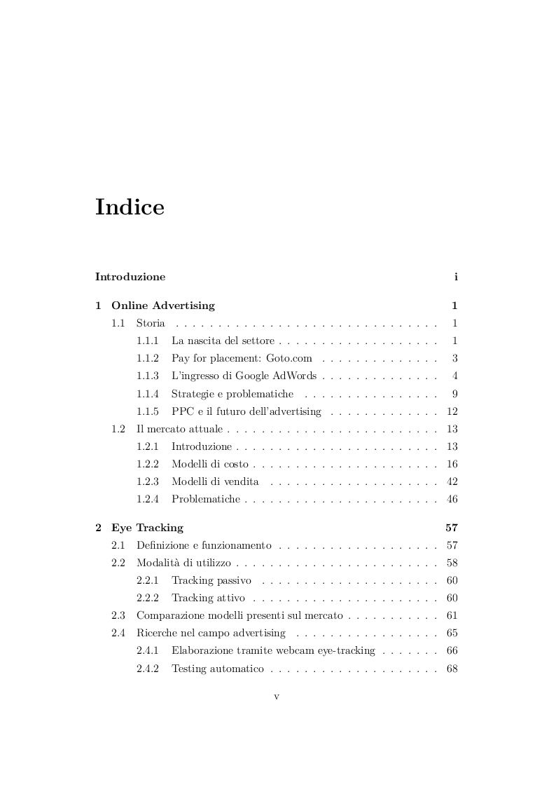 Indice della tesi: Tecniche di ottimizzazione dell'advertising online tramite eye-tracking: un modello sperimentale, Pagina 1