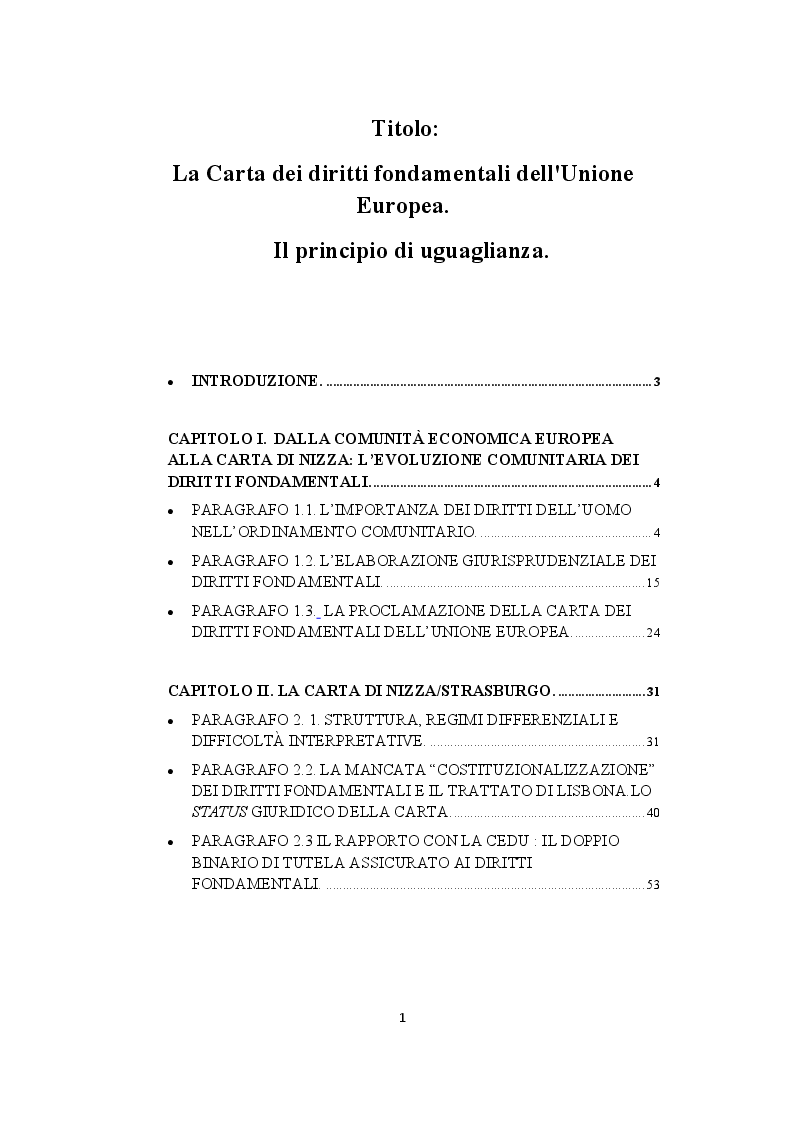 Indice della tesi: La Carta dei diritti fondamentali dell'Unione Europea. Il principio di Uguaglianza., Pagina 1