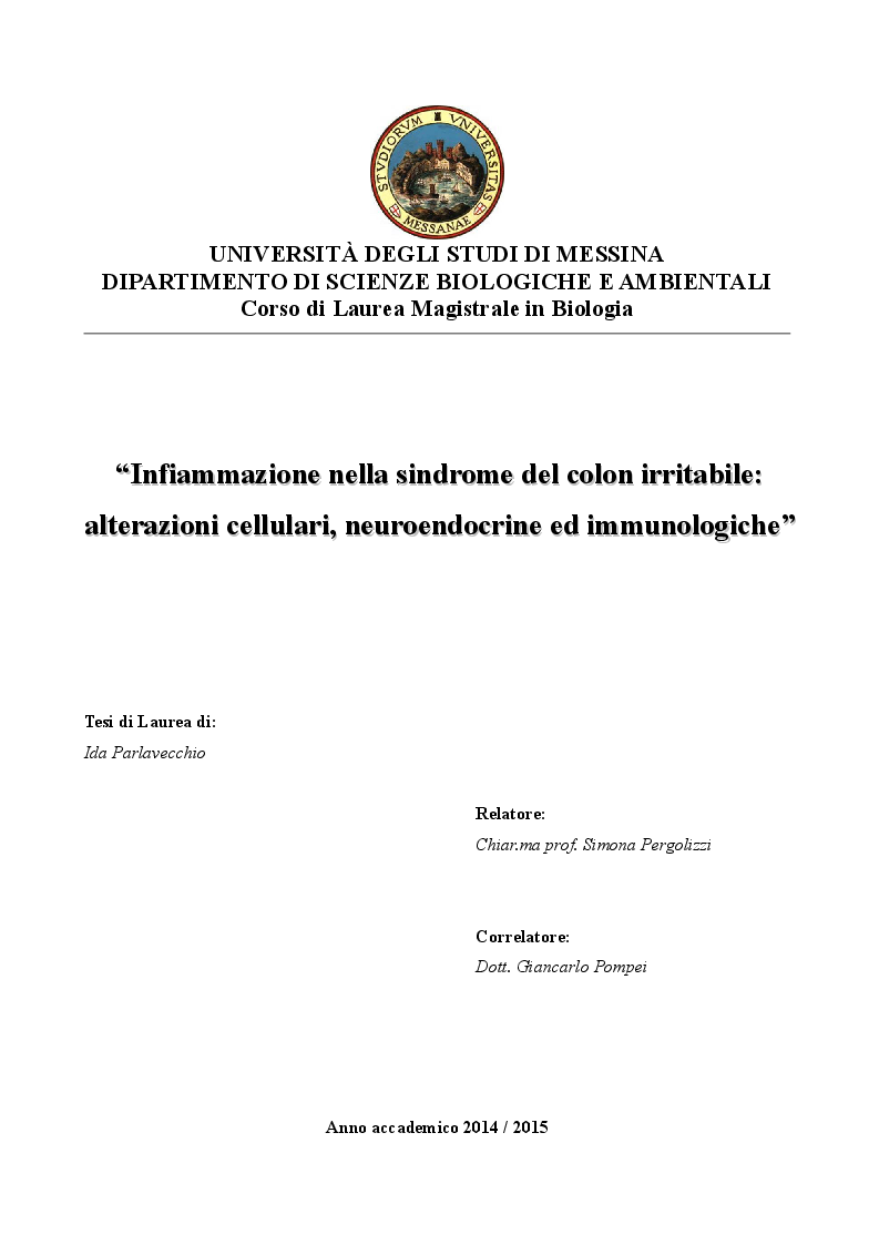 Anteprima della tesi: Infiammazione nella Sindrome del Colon Irritabile: alterazioni cellulari, neuroendocrine ed immunologiche, Pagina 1