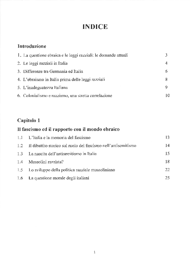 Indice della tesi: La questione ebraica e le leggi razziali nel dibattito pubblico italiano degli ultimi trent'anni, Pagina 1