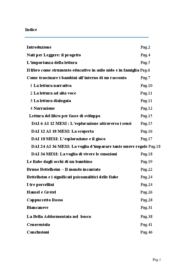 Indice della tesi: Bruno Bettlheim e l'importanza dei libri nella prima infanzia, Pagina 1